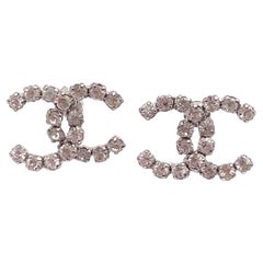 Chanel Silver CC Rocky Super Shiny Crystal Piercing Earrings