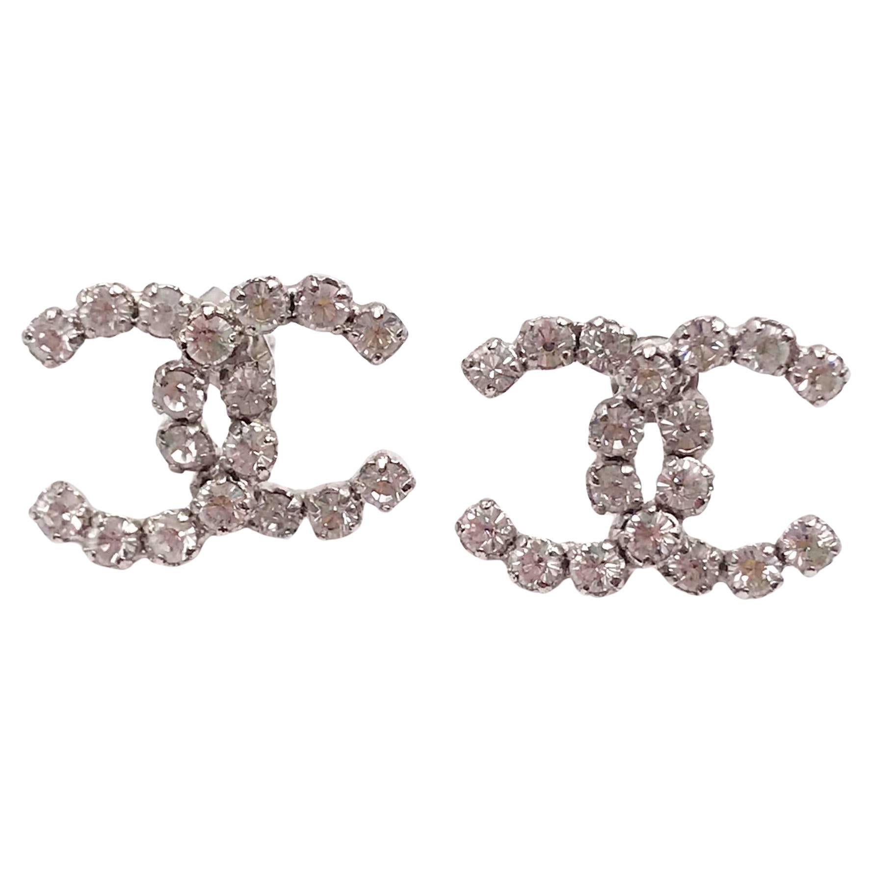 Chanel Brand New Classic Silver CC Crystal Reissued Piercing Earrings