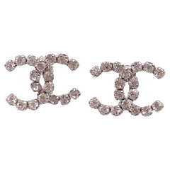 Chanel Silver CC Rocky Super Shiny Crystal Piercing Earrings 