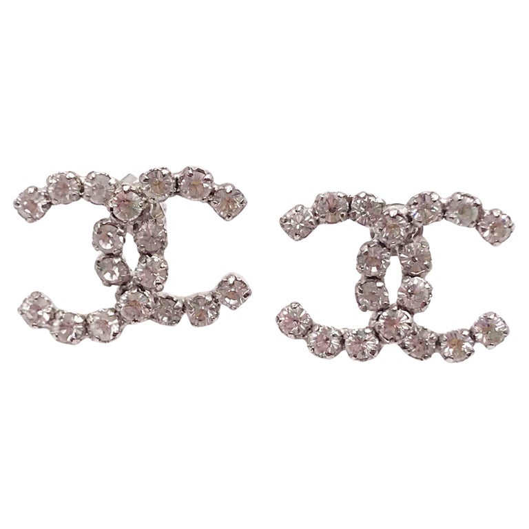 Chanel Silver CC Rocky Super Shiny Crystal Piercing Earrings For Sale at  1stDibs