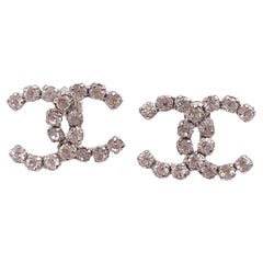 Chanel Silver CC Rocky Super Shiny Crystal Piercing Earrings