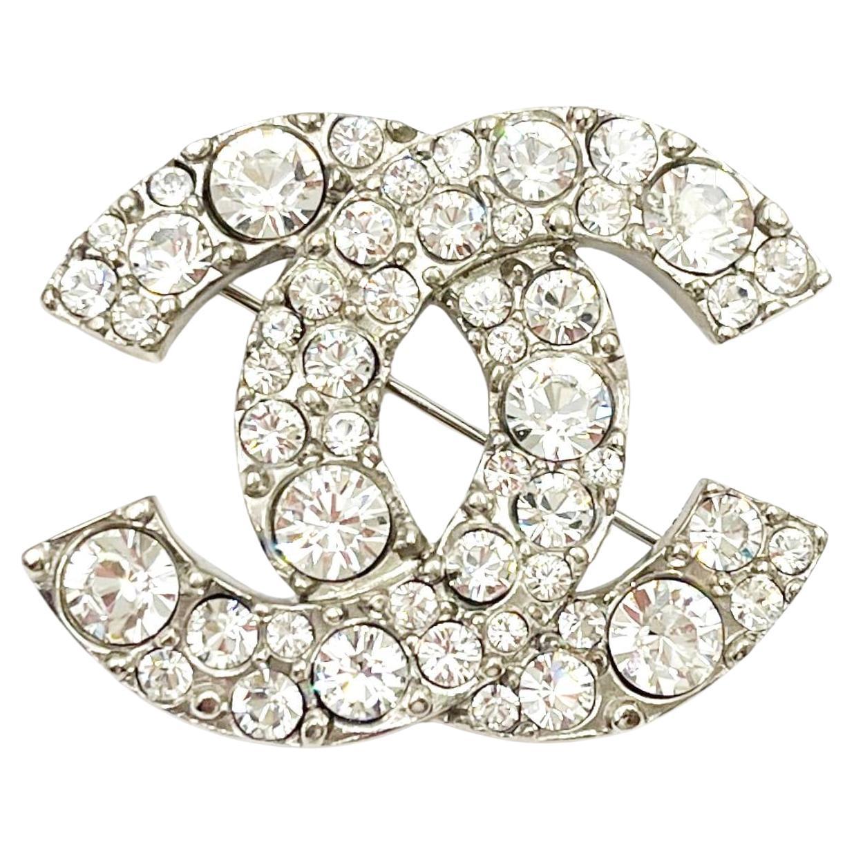 Chanel Silver CC Round Crystal Brooch
