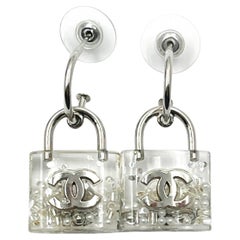 Chanel Silver CC Silver Confetti Lock Hoop Piercing Earrings