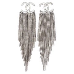 Chanel Silver CC Square Round Crystal Silver Tassel Piercing Earrings 