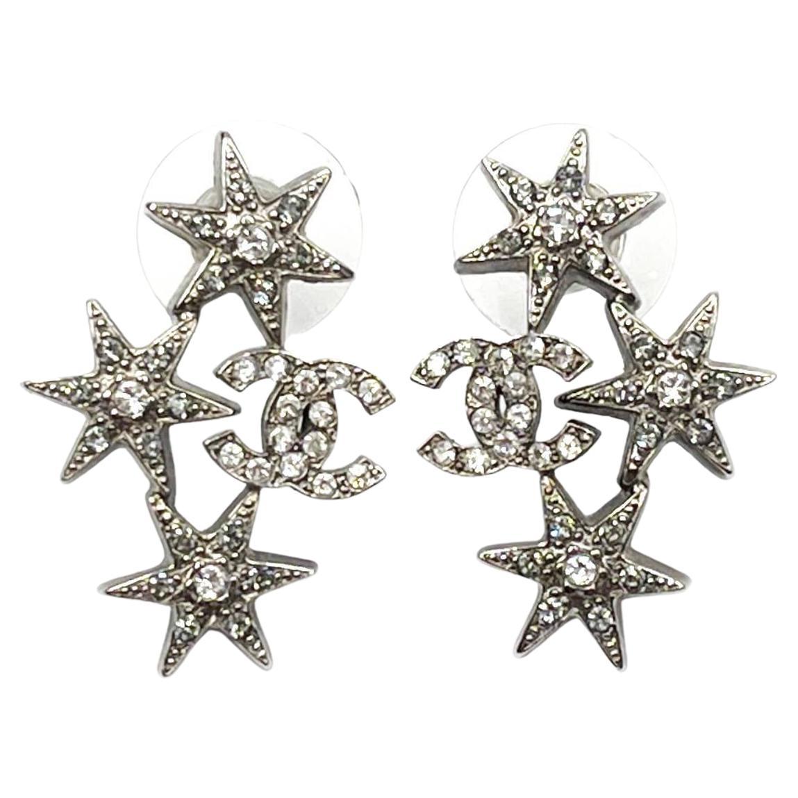 Chanel Silver CC Star Cluster Crystal Piercing Earrings