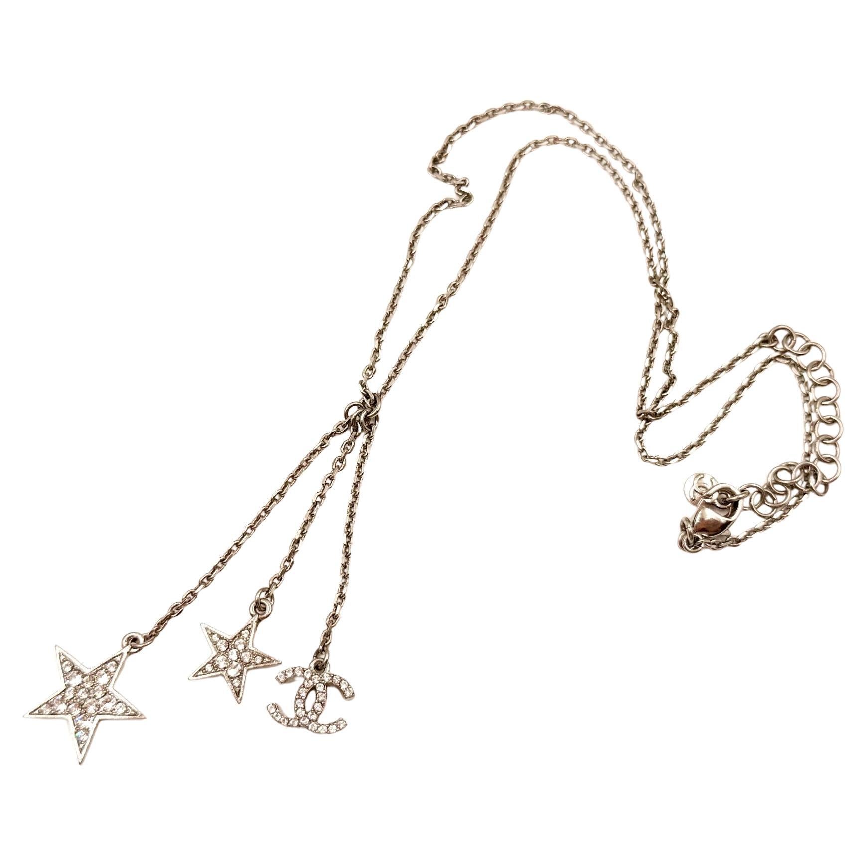 Chanel Silver CC Star Crystal 3 Pendant Necklace en venta