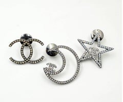 Chanel Silver CC Star Moon Crystal 3 Pins Brooch