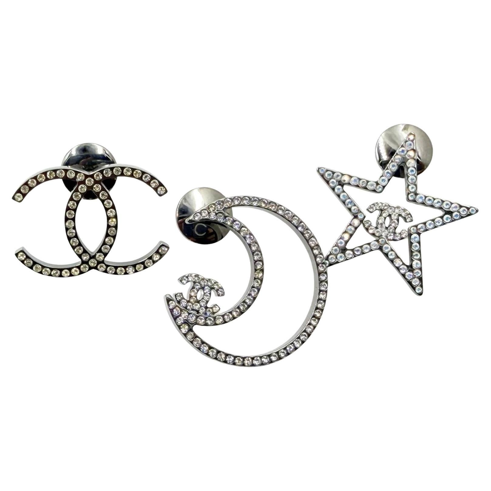 Chanel Silver CC Star Moon Crystal 3 Pins Brooch For Sale
