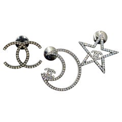 Chanel Silver CC Star Moon Crystal 3 Pins Brooch Chanel Silver CC Star Moon Crystal 3 Pins Brooch