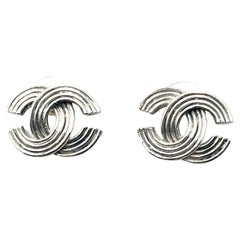 Chanel Silver CC Stripy Small Piercing Earrings 