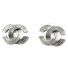 Chanel Silver CC Stripy Small Piercing Earrings