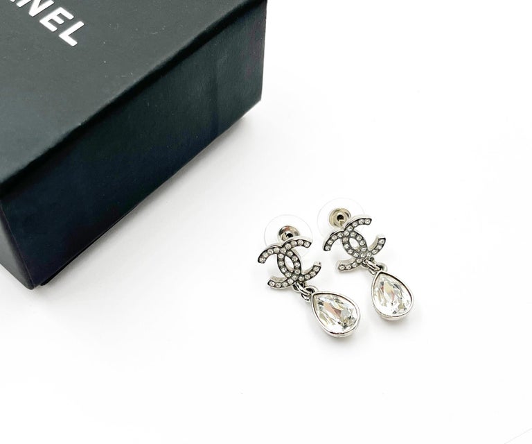 Chanel Camellia CC Teardrop Dangle Earrings Metal with Crystals