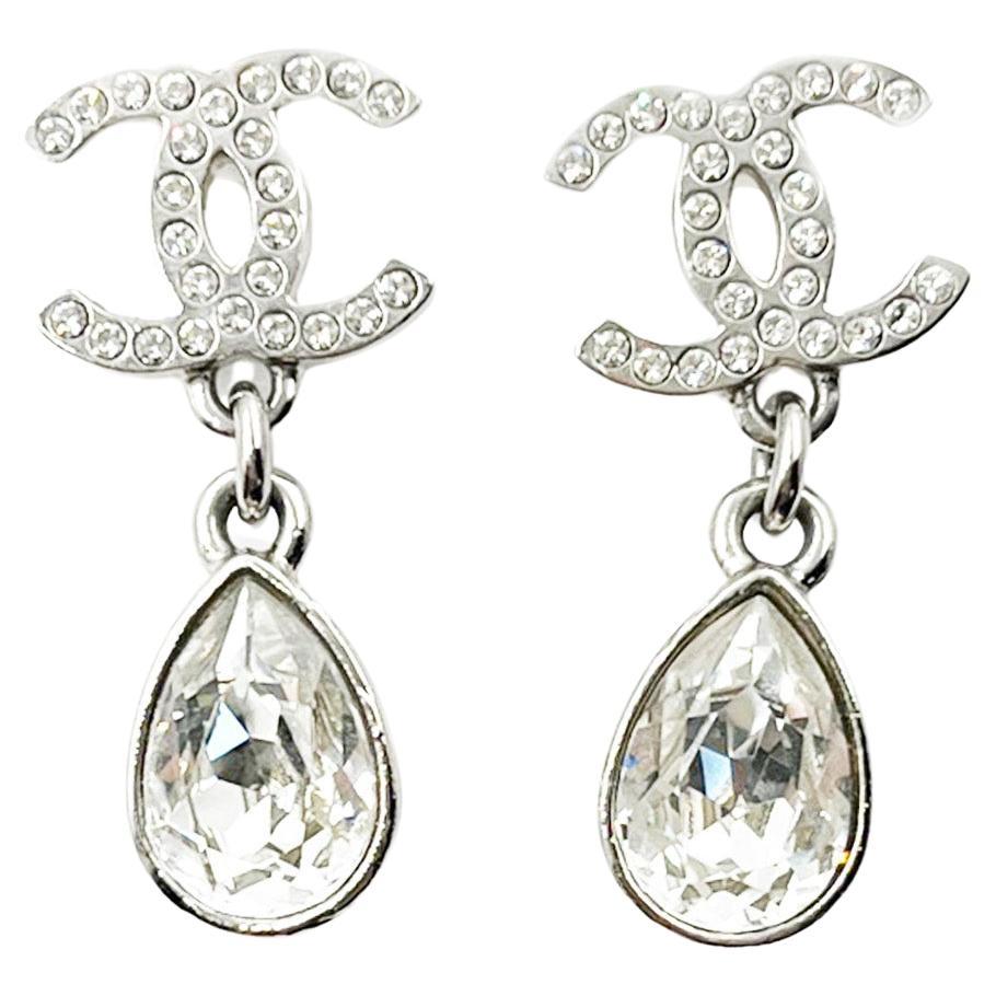 Chanel Silver CC Tear Drop Crystal Dangle Piercing Earrings at 1stDibs