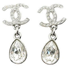 Chanel Silver CC Tear Drop Crystal Dangle Piercing Earrings