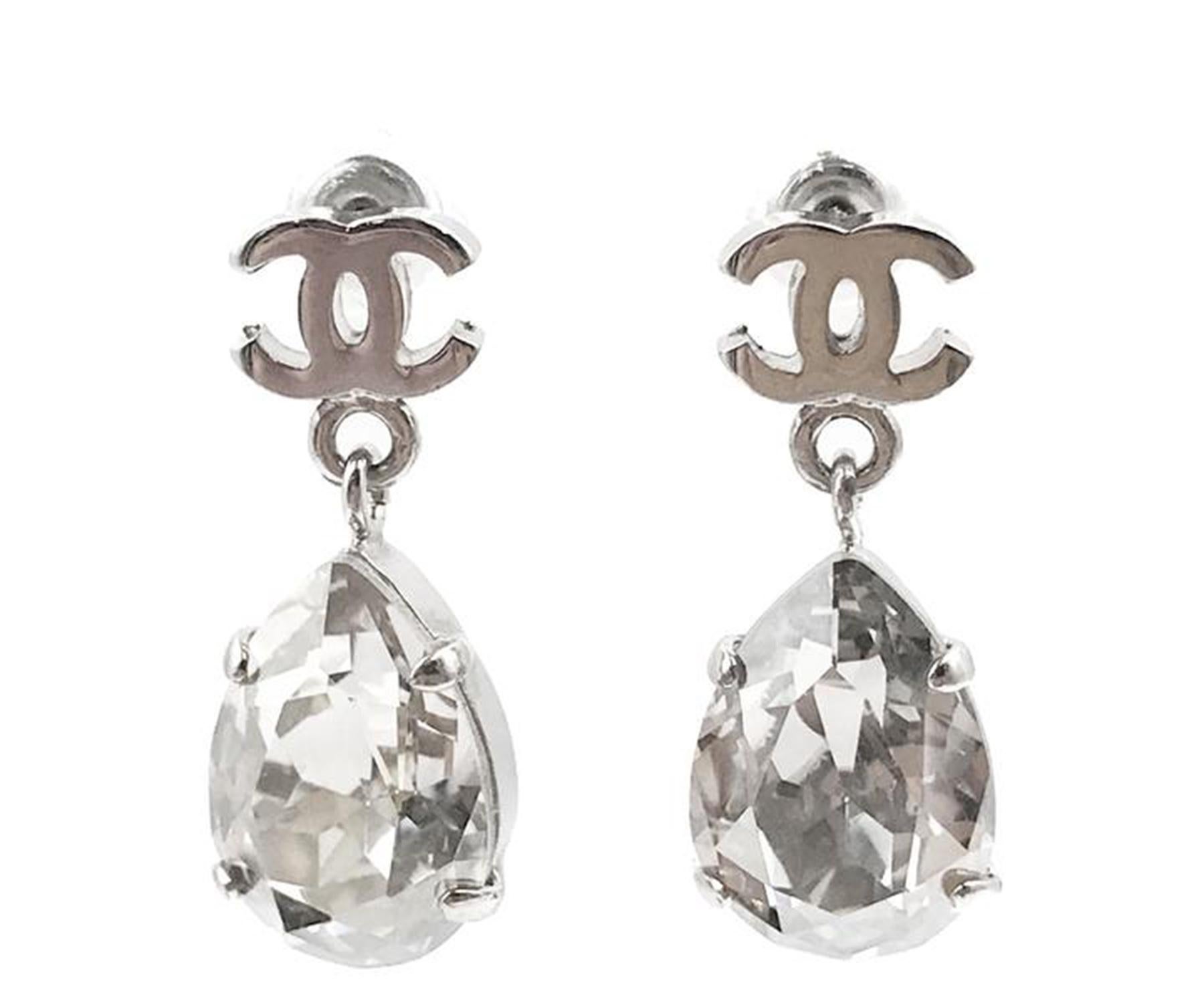 Artisan Chanel Silver CC Tear Drop Crystal Shiny Piercing Earrings For Sale