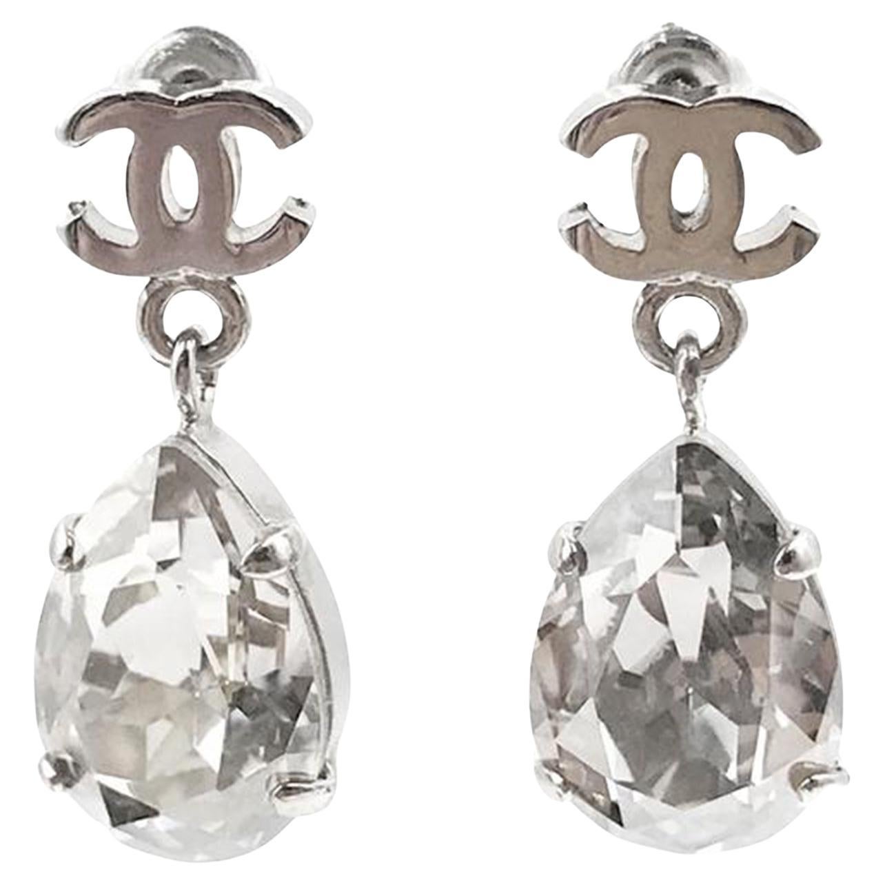 Chanel Silver CC Tear Drop Crystal Shiny Piercing Earrings For Sale