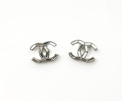 Chanel Silver CC Thin Baguette Crystal Piercing Earrings