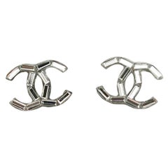 Chanel Silver CC Thin Baguette Crystal Piercing Earrings