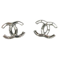 Chanel Silver CC Thin Baguette Crystal Piercing Earrings 