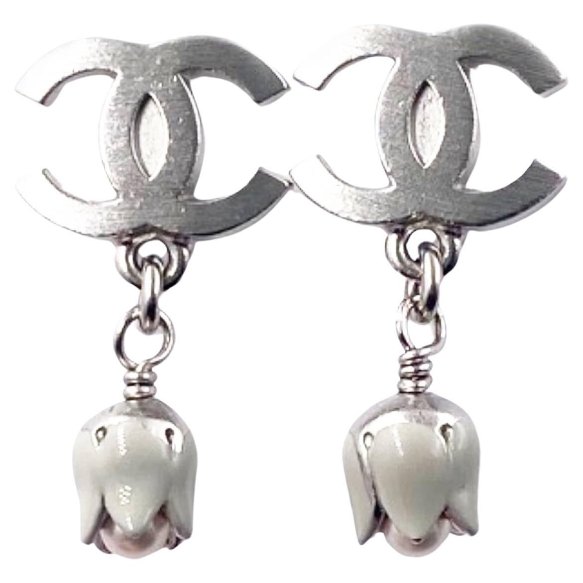 Chanel Silver CC Tulip Dangle Piercing Earrings 