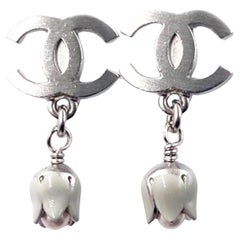 Chanel Silver CC Tulip Dangle Piercing Earrings 