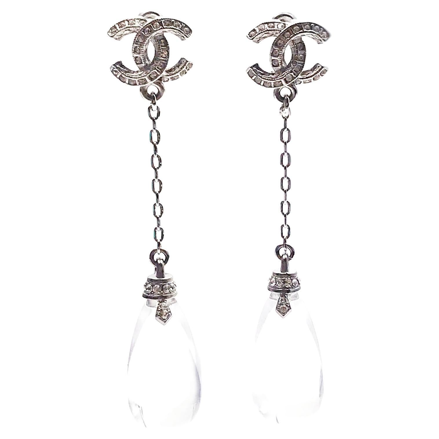 Chanel Silver CC Princess Crystal Geo Pearl Large Drop Piercing Earrings  For Sale at 1stDibs