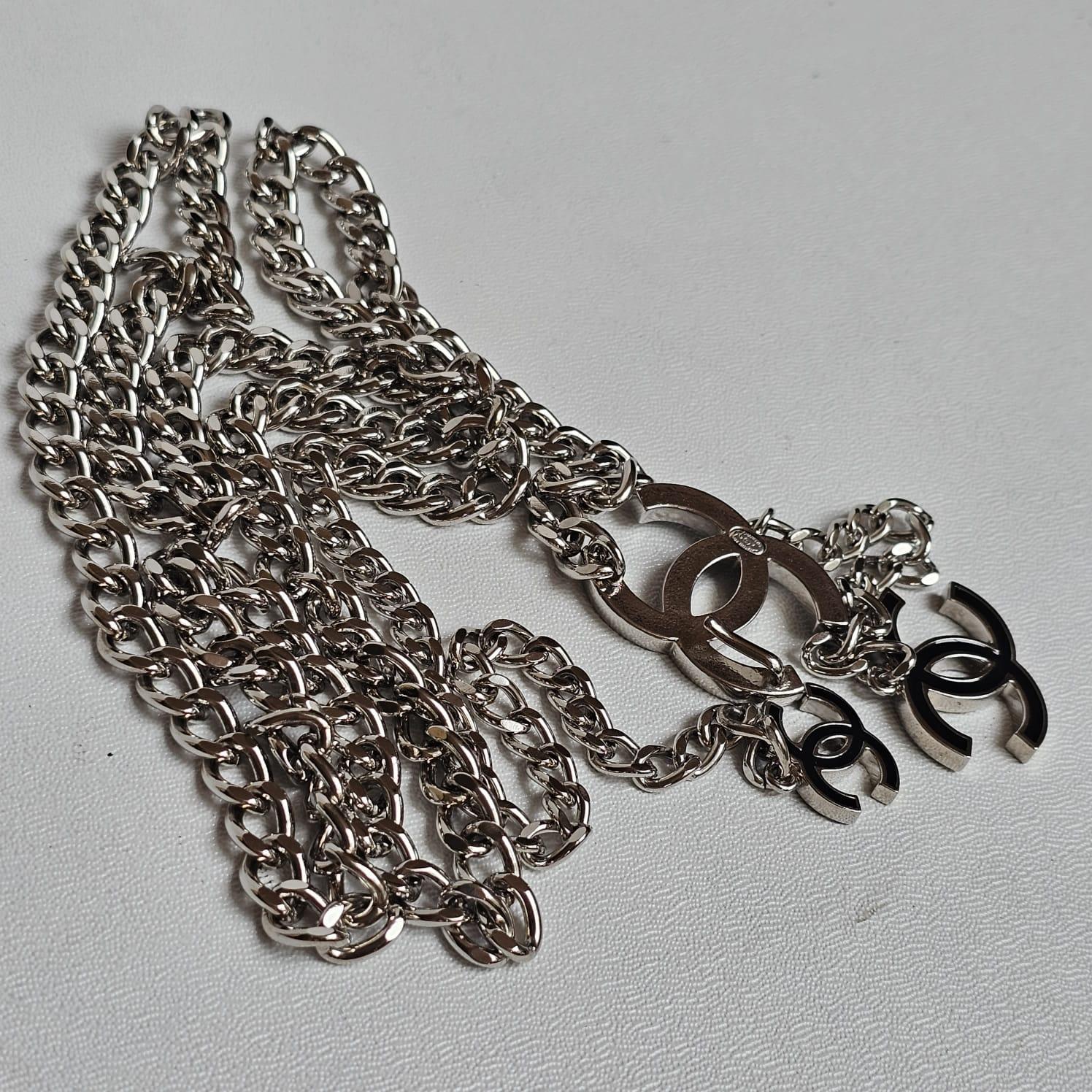 Women's Chanel Silver Chain Dangling Enamel CC Logo Belt
