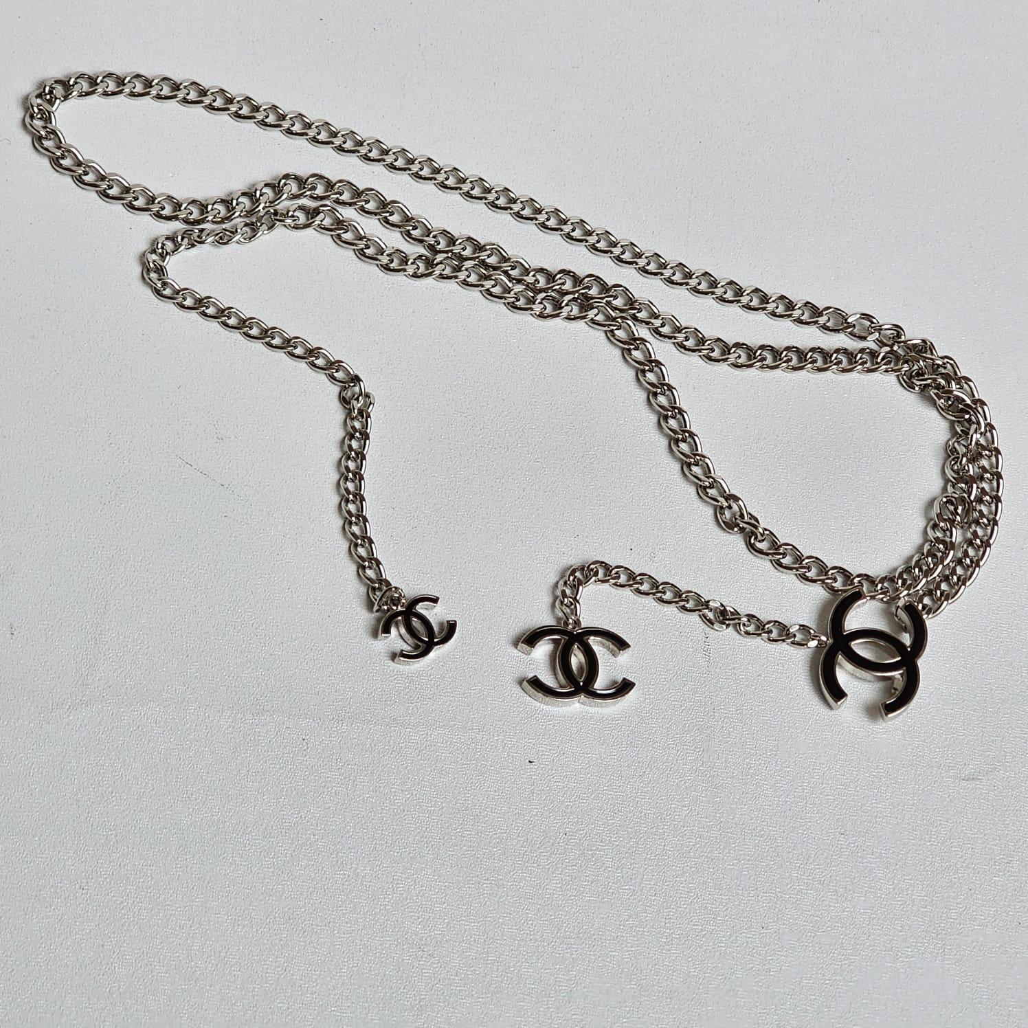 Chanel Silver Chain Dangling Enamel CC Logo Belt 3
