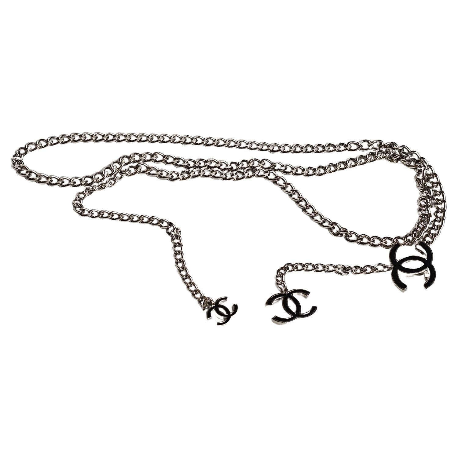 Chanel Silver Chain Dangling Enamel CC Logo Belt