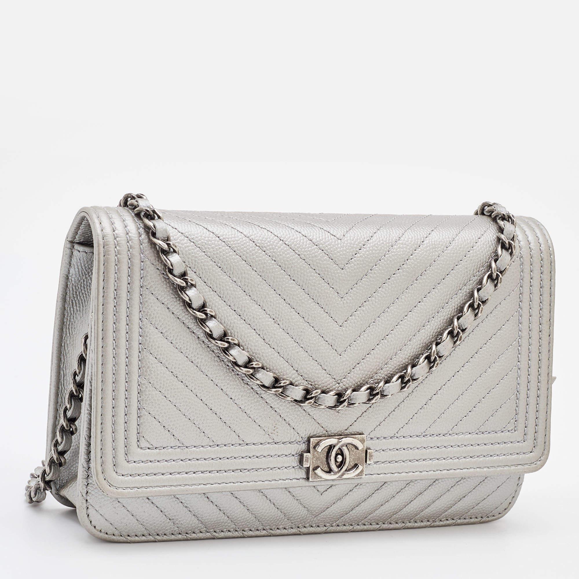 Women's Chanel Silver Chevron Caviar Leather Boy Classic Wallet on Chain