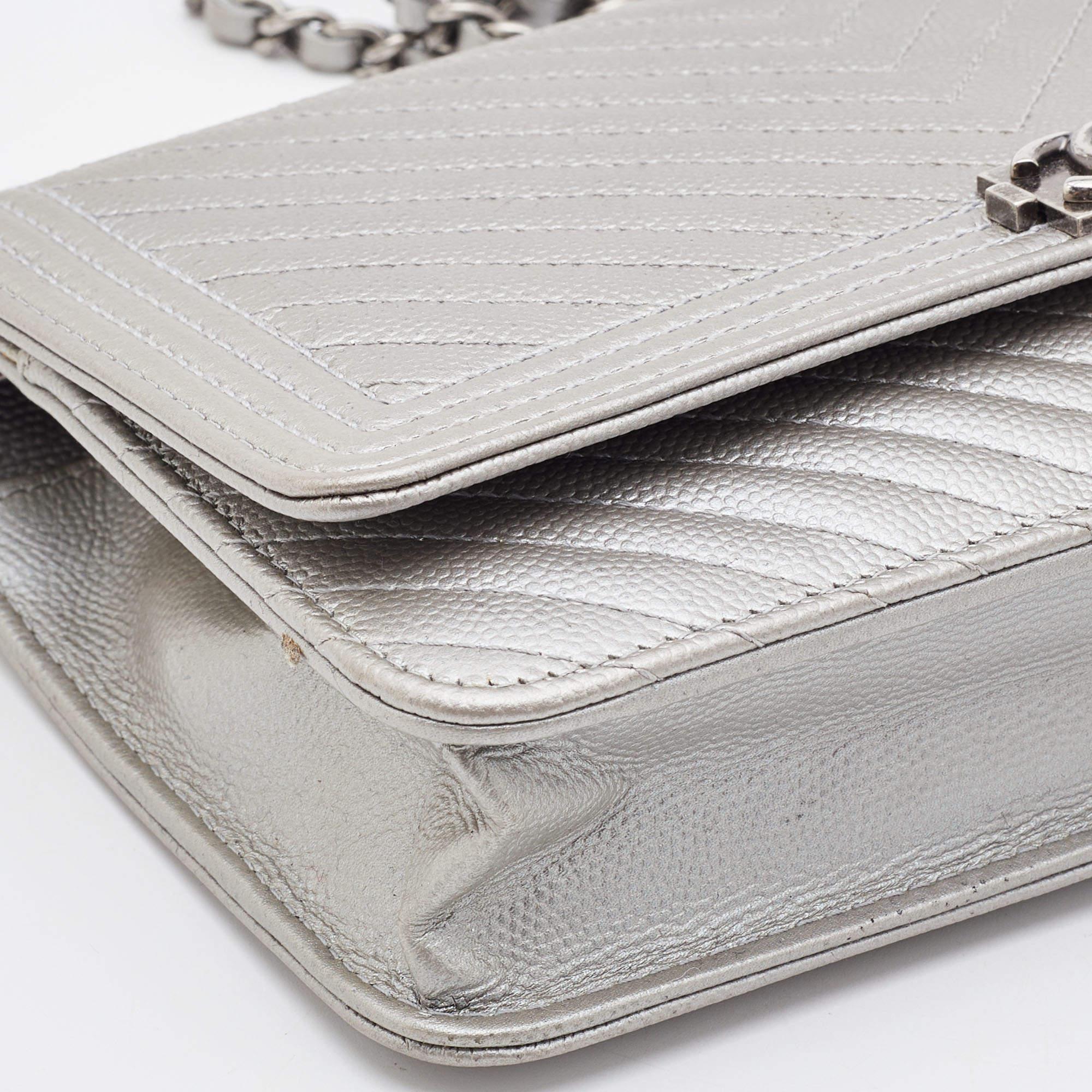 Chanel Silver Chevron Caviar Leather Boy Classic Wallet on Chain 3