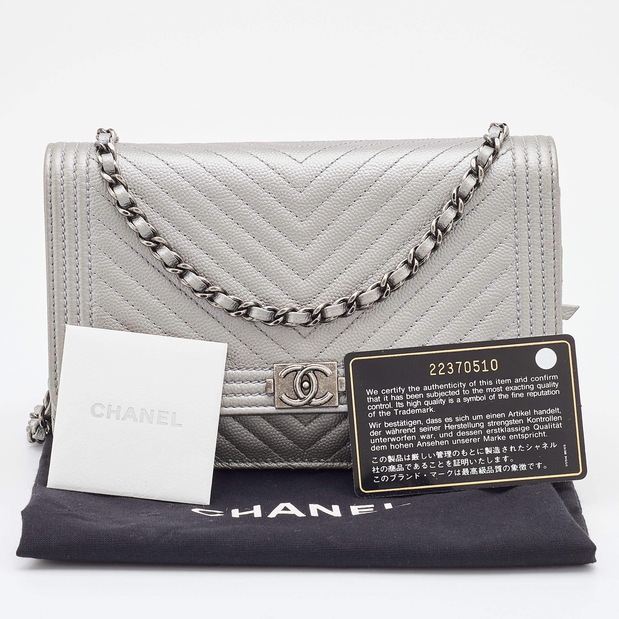 Chanel Silver Chevron Caviar Leather Boy Classic Wallet on Chain 5