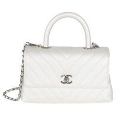 Chanel Silver Chevron Caviar Mini Coco Top Handle Bag