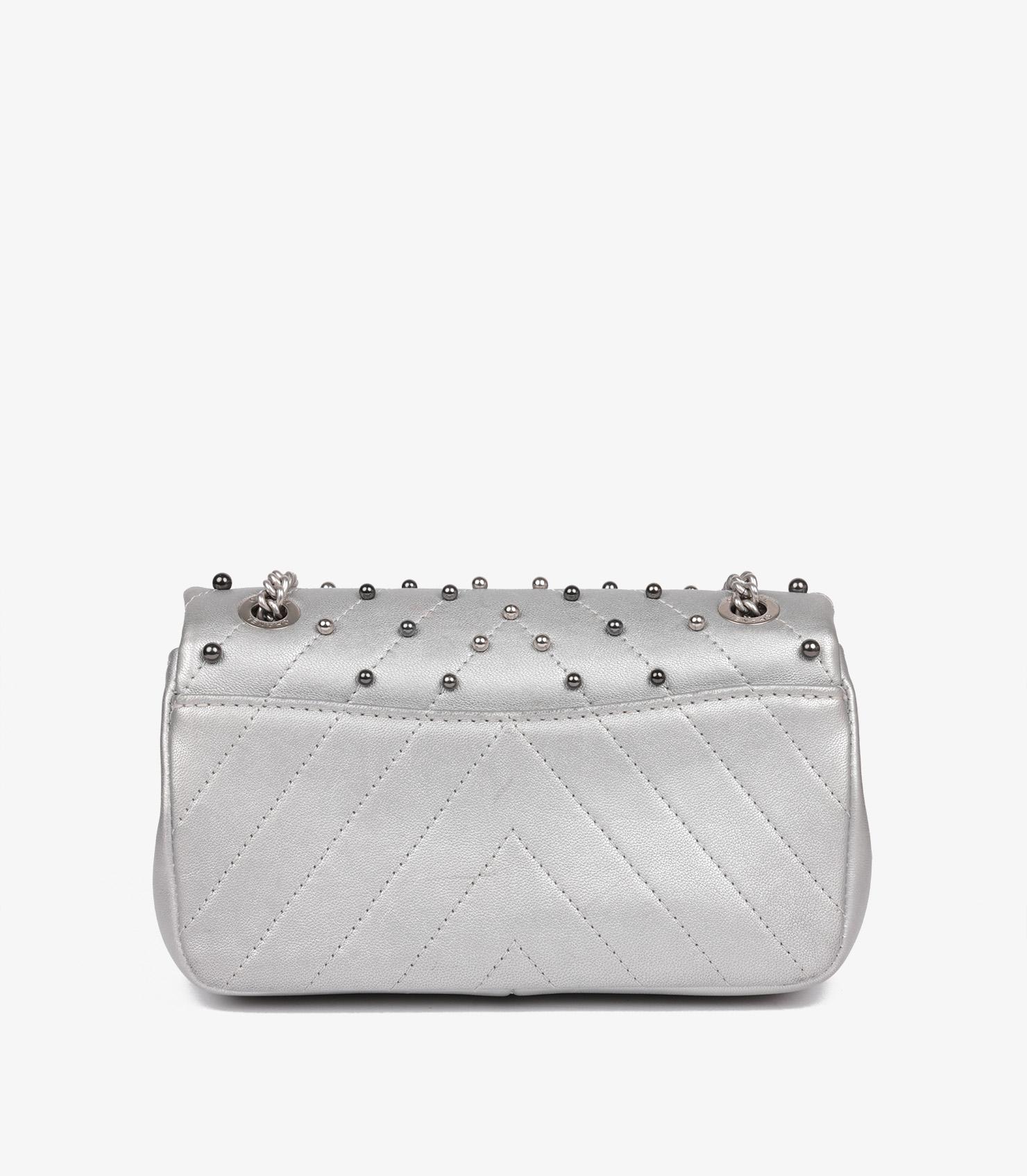 Chanel Silver Chevron Quilted Lambskin Stud Wars Rectangular Mini Flap Bag For Sale 2