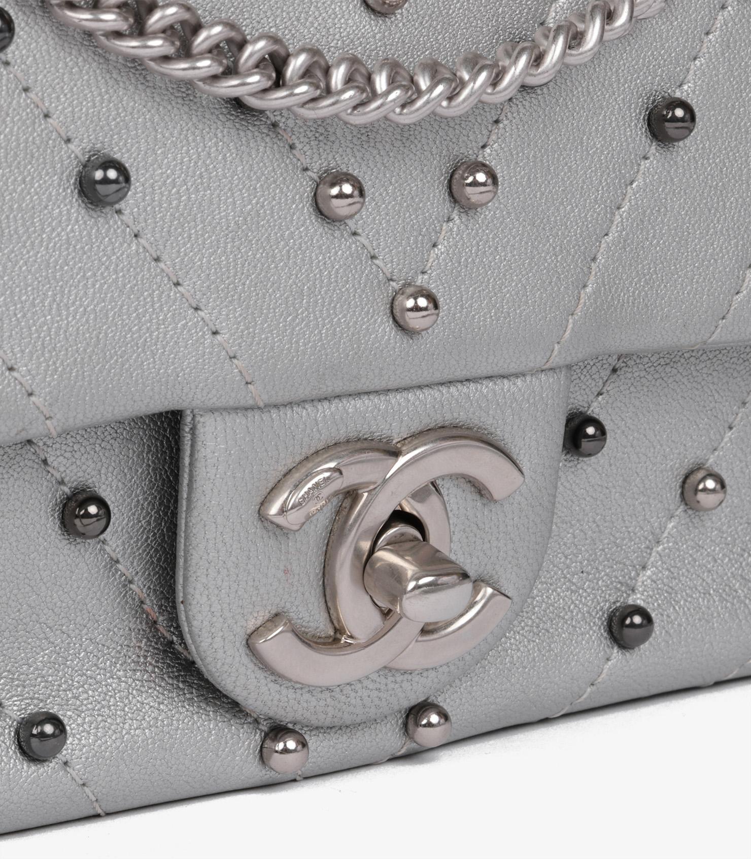 Chanel Silver Chevron Quilted Lambskin Stud Wars Rectangular Mini Flap Bag For Sale 4