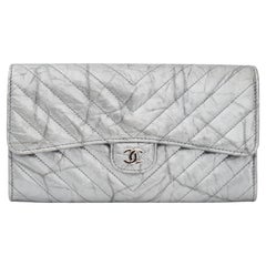 Chanel Silver Chevron Quilted Patent Leather L Gusset Flap Wallet 2018