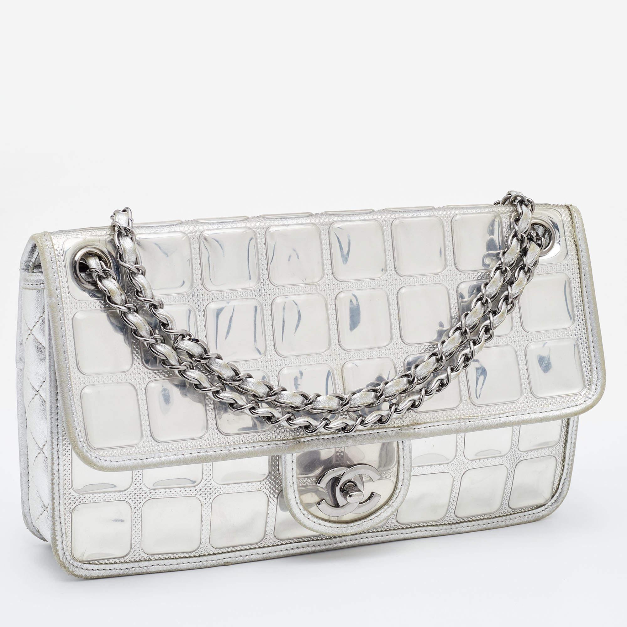 Women's Chanel Silver Chocolate Bar PVC and Leather Ice Cube Flap Shoulder Bag