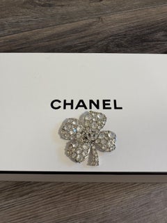 CHANEL Silver Clover Crystal Brooch