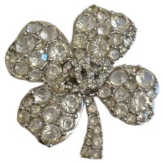 CHANEL Silver Clover Crystal Brooch