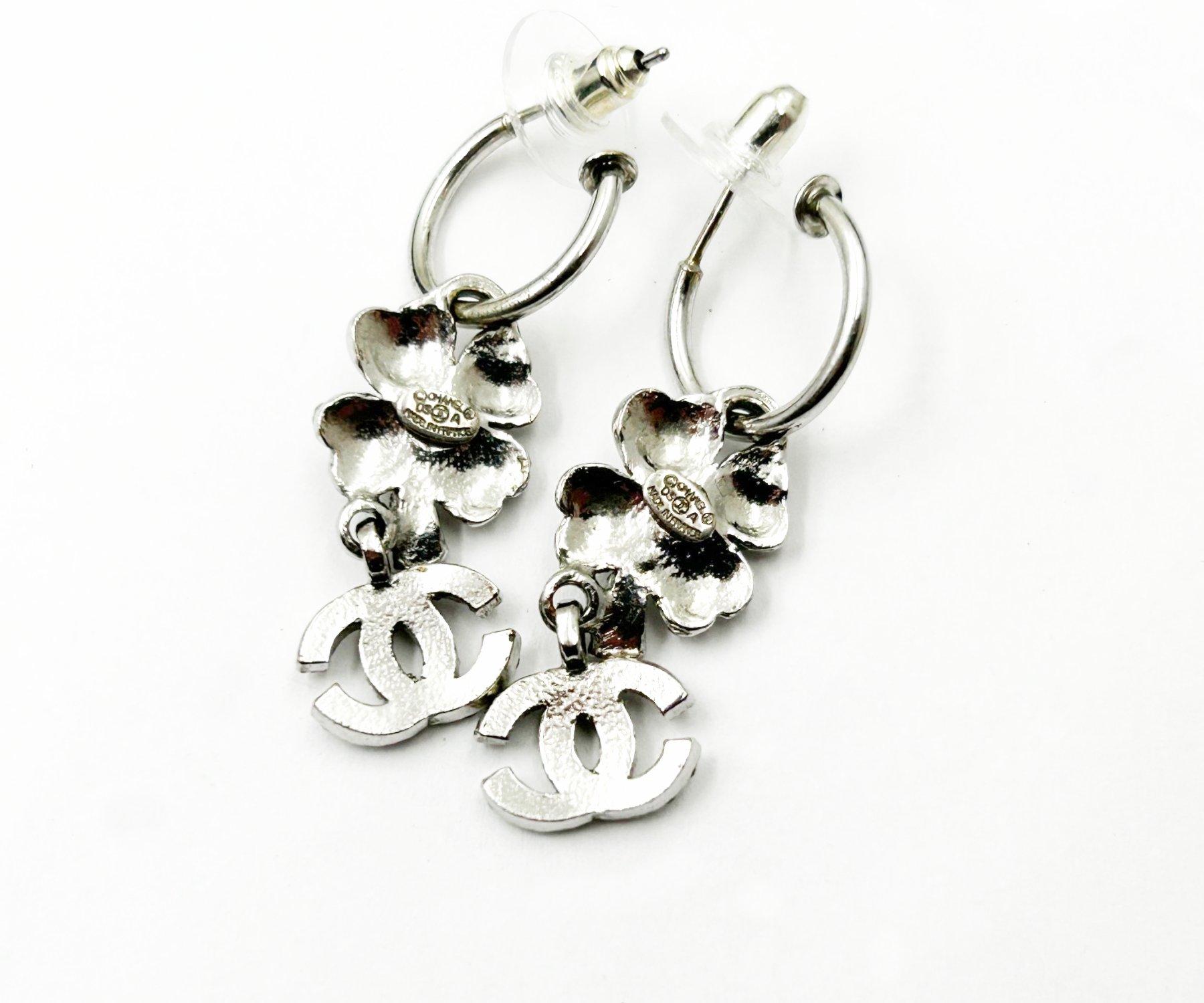Artisan Chanel Silver Clover Crystal CC Long Hoop Piercing  Earrings   