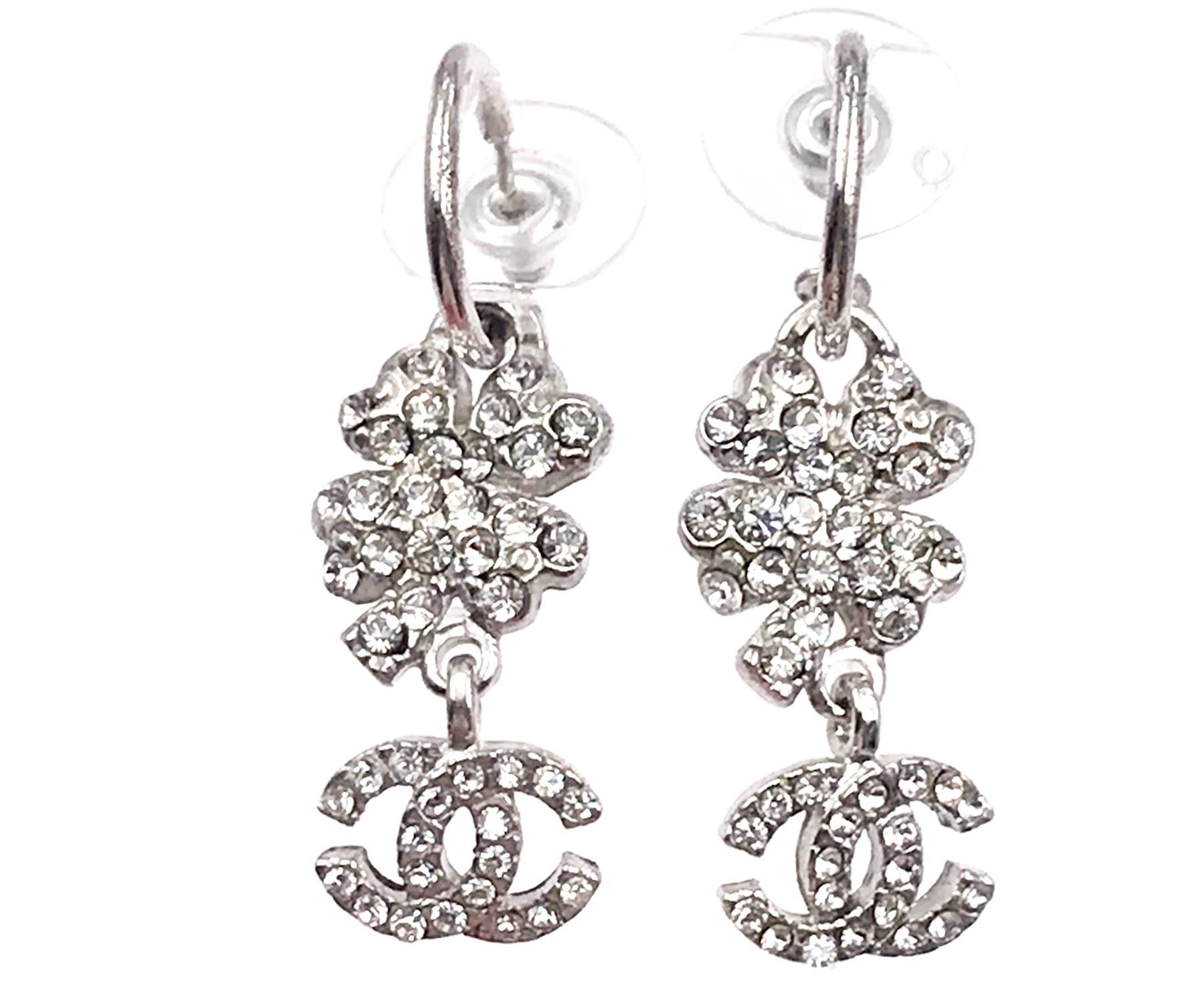 Chanel Silver Clover Crystal CC Long Hoop Piercing  Earrings    In Excellent Condition In Pasadena, CA