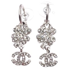 Chanel Silver Clover Crystal CC Long Hoop Piercing  Earrings   