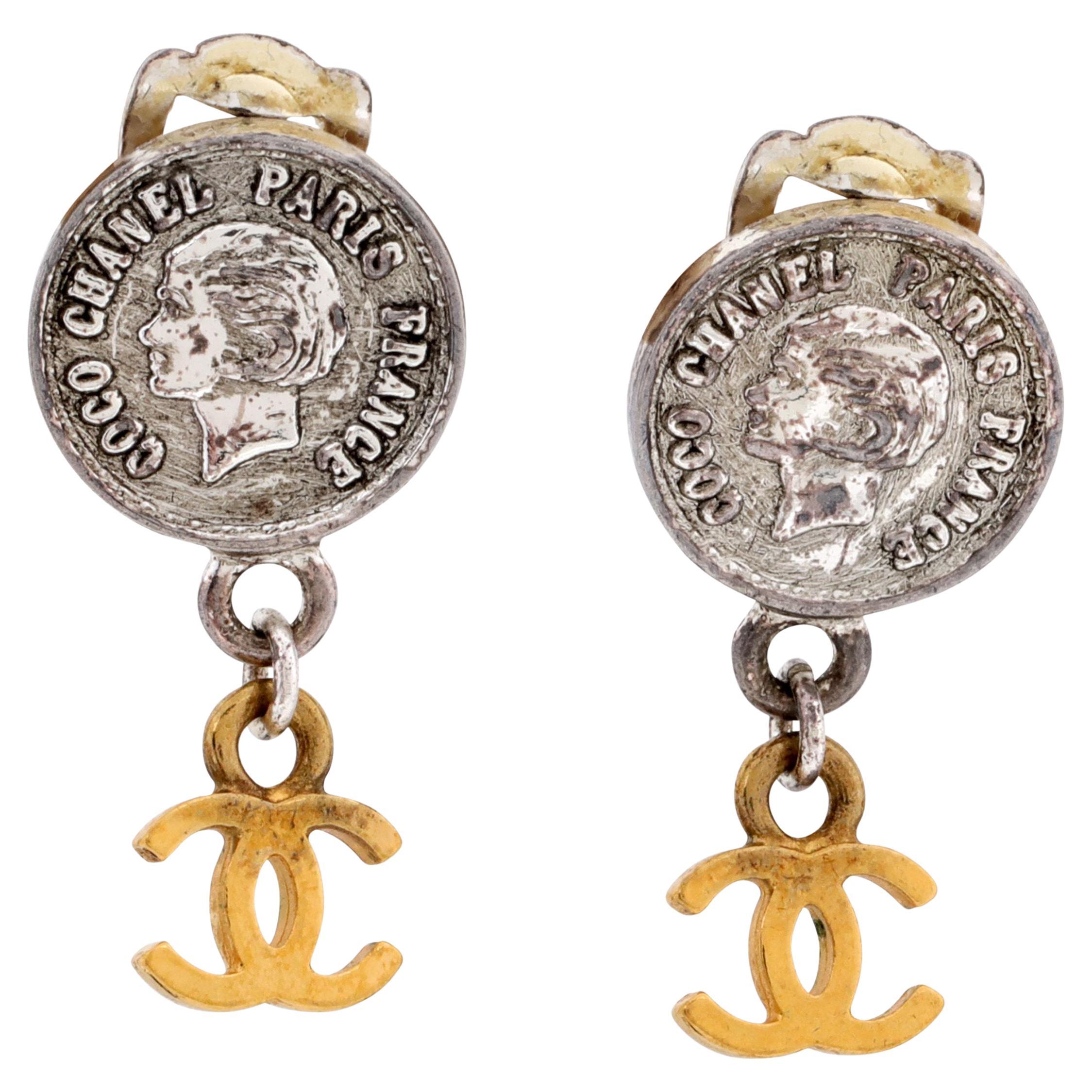 Chanel Silver Coco Coin CC Dangle Earrings  For Sale