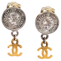 Retro Chanel Silver Coco Coin CC Dangle Earrings 