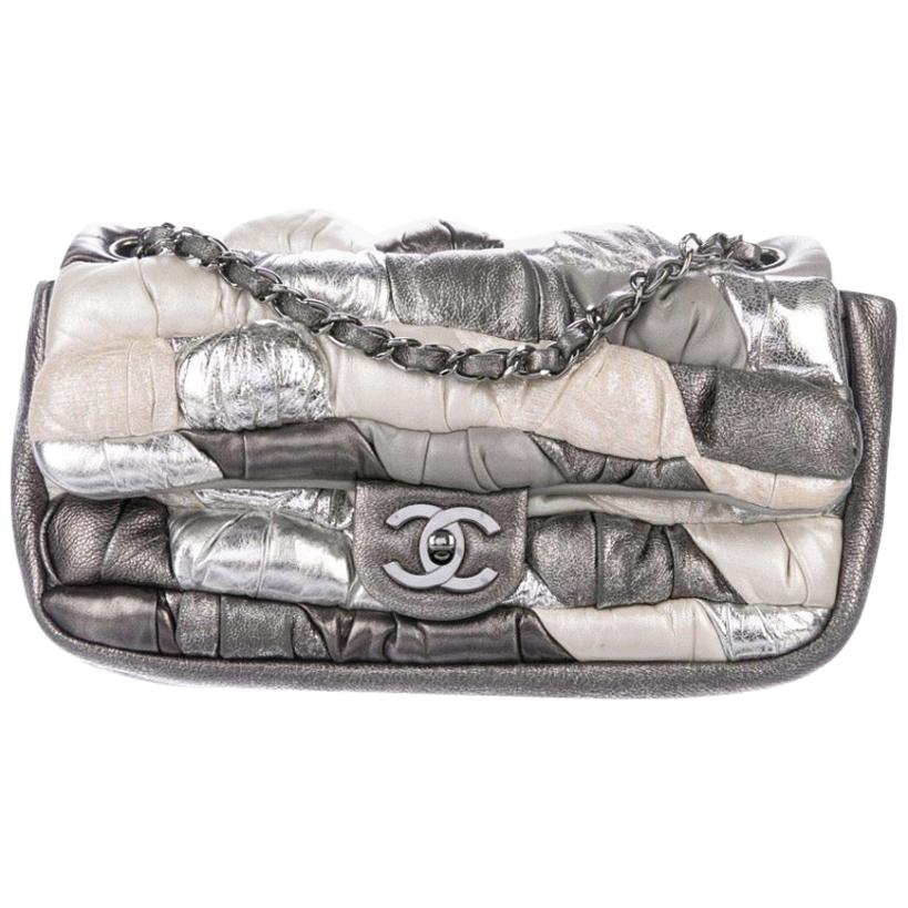 Chanel Silver Cream Gunmetal Leather Pillow Small Evening Shoulder Flap Bag