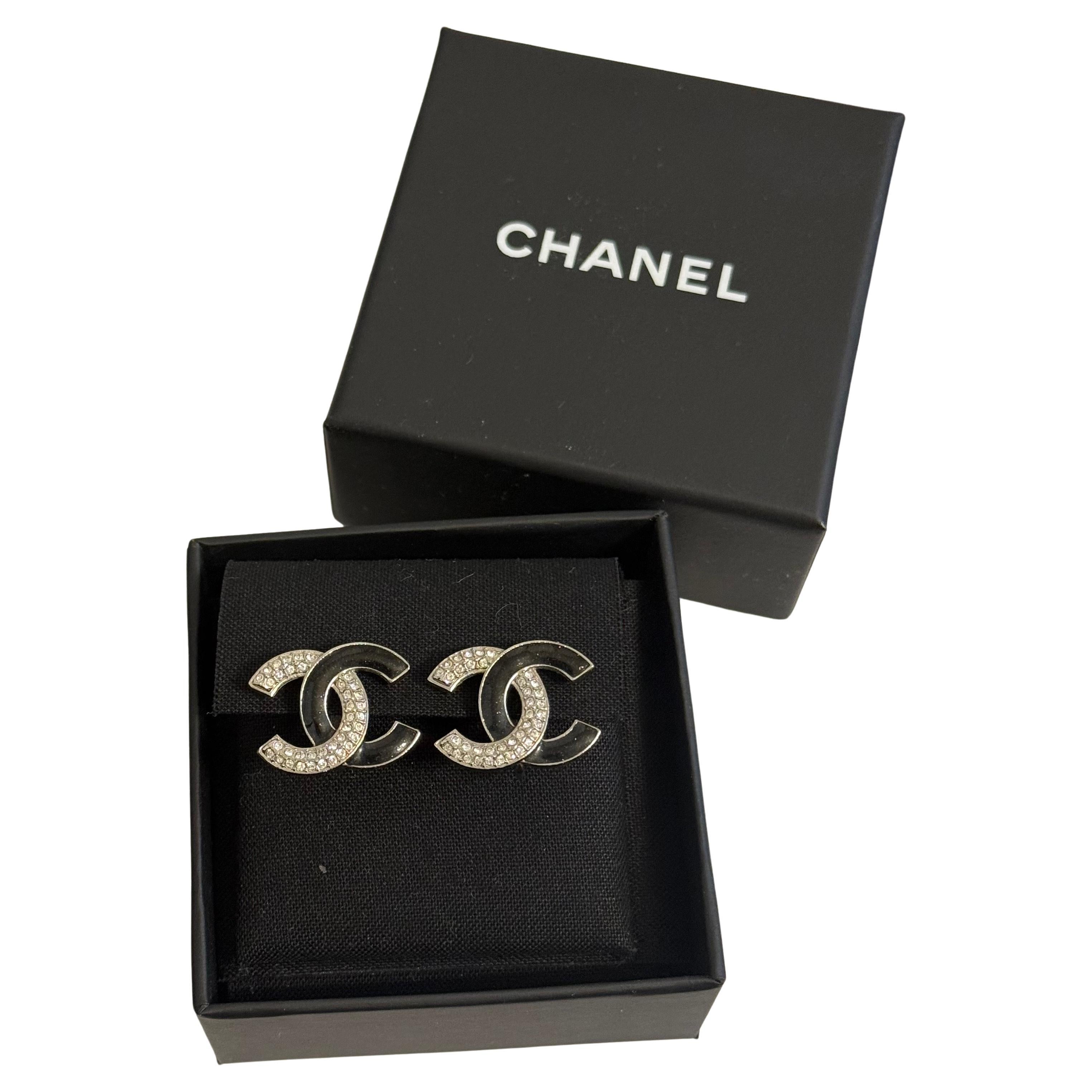 CHANEL Silver Crystal Black Enamel CC Clip On Stud Earrings