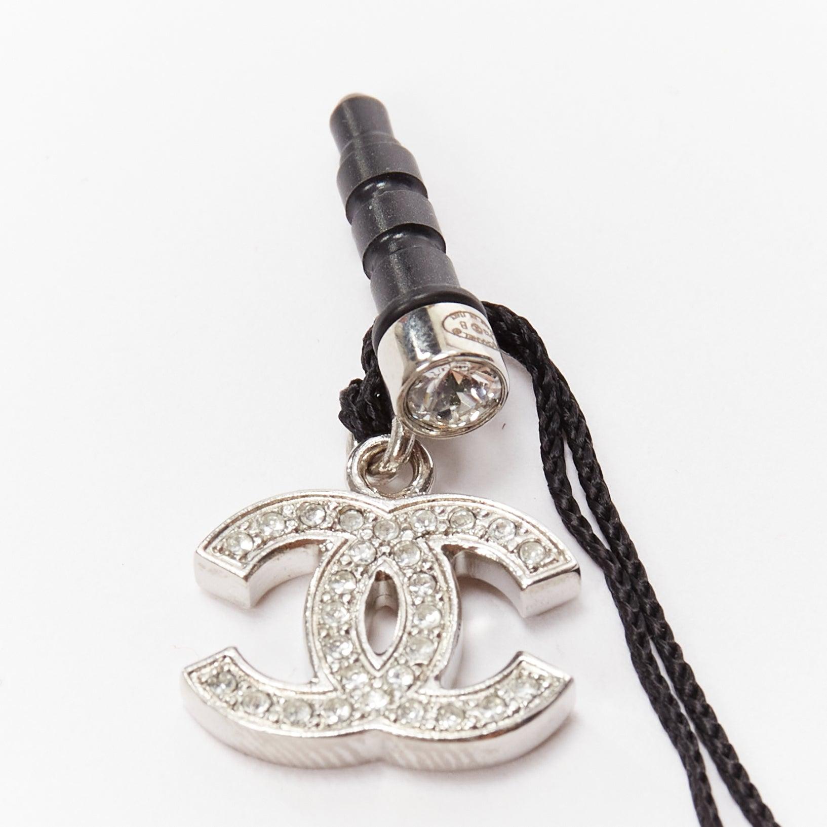 Gray CHANEL silver crystal CC black china doll earphone jack charm x2