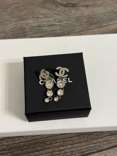 Chanel Silver Crystal CC Drop Clip On Earrings