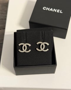 Chanel Silver Crystal CC Logo Stud Earrings