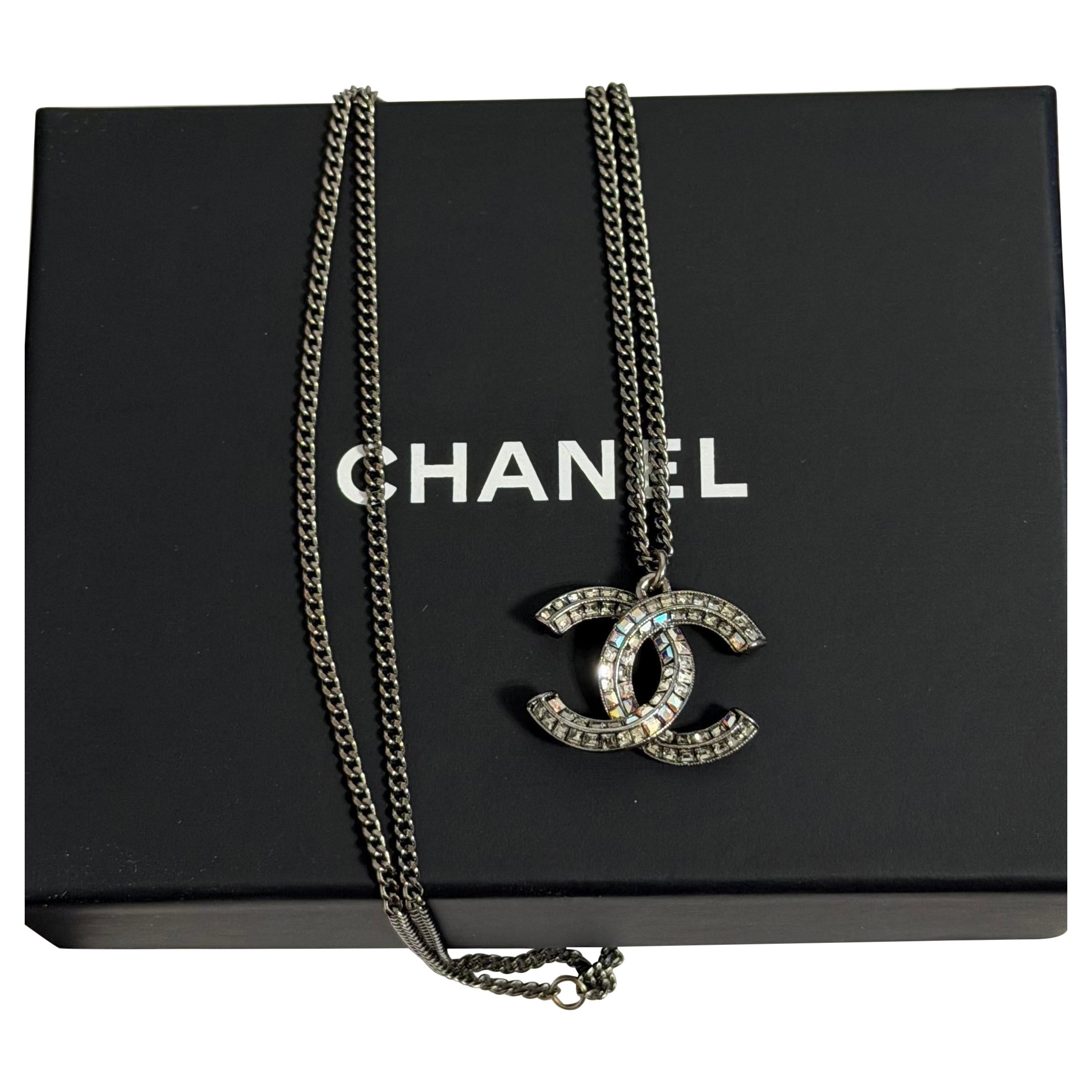 Chanel Silver Crystal CC Pendant Necklace For Sale